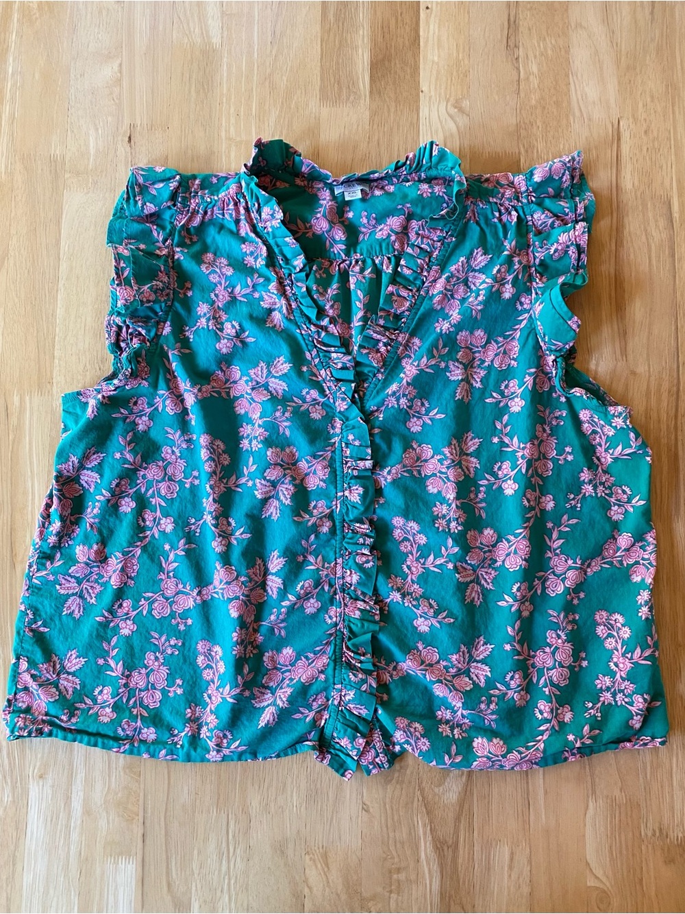 J. Crew Green Pink Floral Ruffle-Trim Button Front Blouse Sleeveless Top XXL